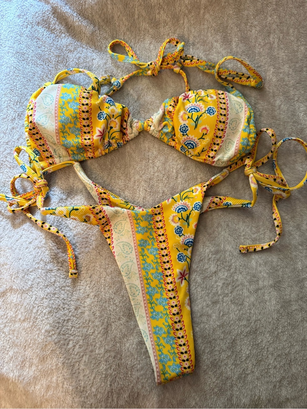 SHEIN Yellow Floral Stripe Tie-Side Bikini